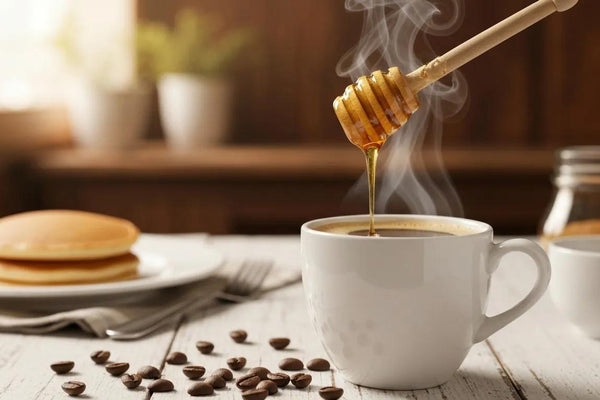 A warm, inviting scene featuring a steaming cup of rich coffee on a white rustic wooden table. 