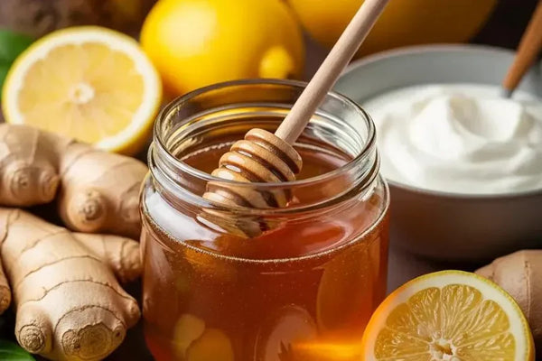 Jar of raw honey with honey dipper, ginger, lemon, and yogurt — a natural approach to gut wellness