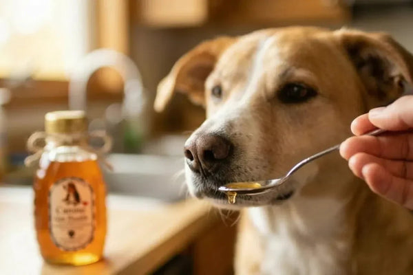 Golden Retriever eating honey from a spoon