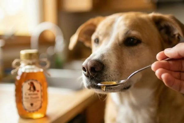 Golden Retriever eating honey from a spoon