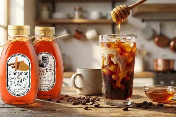 Raw honey being drizzled into iced coffee with cream swirl, natural sweetener for cold brew coffee