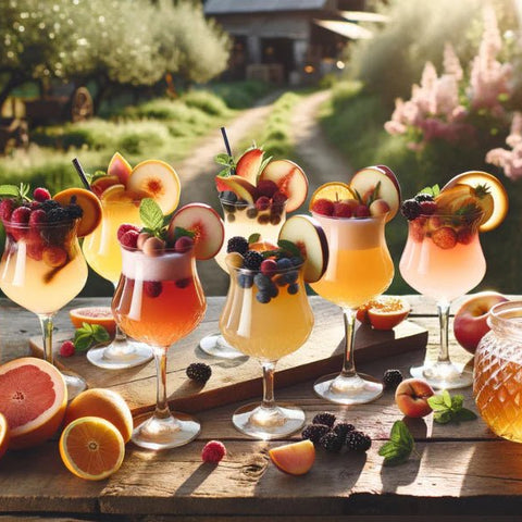 Colorful fruit cocktails on a rustic table in a sunny garden.