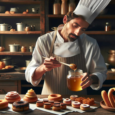 A chef in a rustic kitchen drizzling honey over assorted pastries.