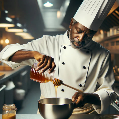 A chef in a professional kitchen pouring honey into a mixing bowl.