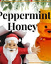 2 oz Peppermint Infused Honey in a bear-shaped bottle with a yellow cap, featuring a festive Christmas-themed design with Santa and holiday decorations.
