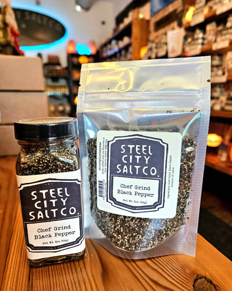 Buy Chef's Grind Black Pepper Online in glass jar and resealable pouch by Steel City Salt Company. Bold Tellicherry pepper blend for everyday cooking.
