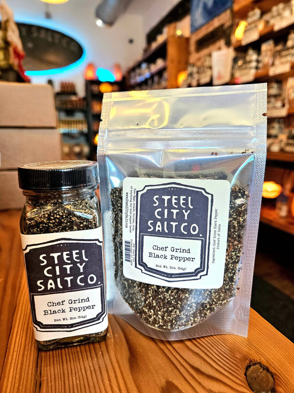 Buy Chef's Grind Black Pepper Online in glass jar and resealable pouch by Steel City Salt Company. Bold Tellicherry pepper blend for everyday cooking.