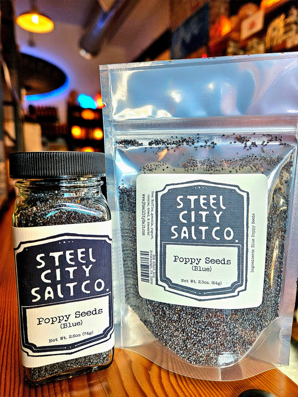 Buy Blue Poppy Seeds Online for Baking & Cooking in 2.25oz glass jar and 2.3oz resealable pouch by Steel City Salt Company. Ideal for breads and muffins.