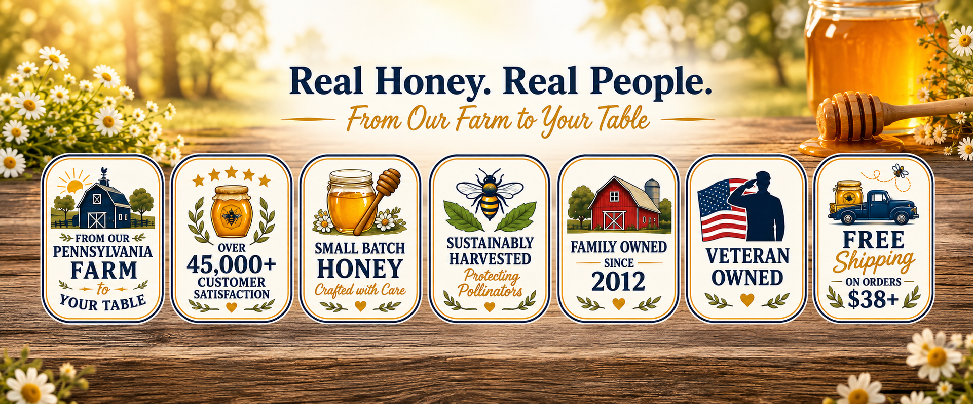  A promotional banner for a honey product featuring a jar of honey on a wooden table with flowers, alongside six illustrated label panels with farm and bee-themed marketing text. The top reads 'Real Honey.