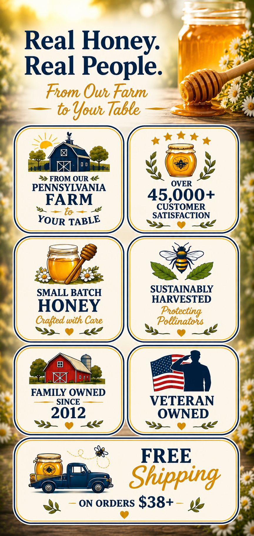  A promotional graphic for artisanal honey products featuring a honey jar, honey dipper, and six branded label designs with text such as 'Real Honey. Real People.