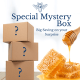 Mystery Gift Adventure - Unique Mystery Gift with stacked boxes marked with question marks, honey dipper, and honeycomb for a sweet surprise.