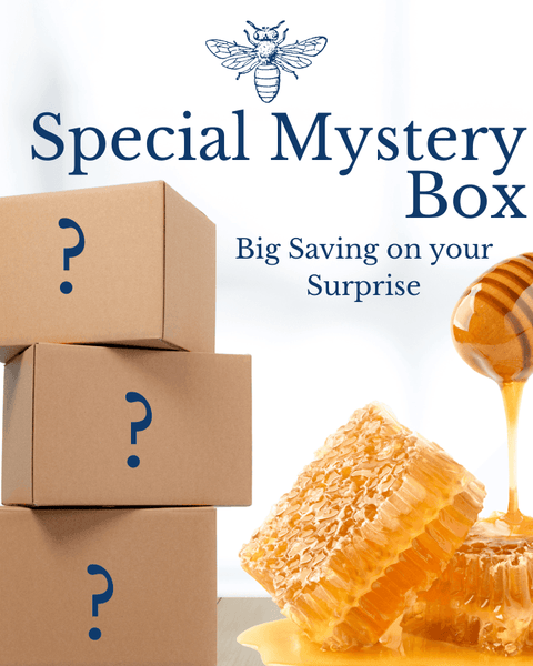 Mystery Gift Adventure - Unique Mystery Gift with stacked boxes marked with question marks, honey dipper, and honeycomb for a sweet surprise.