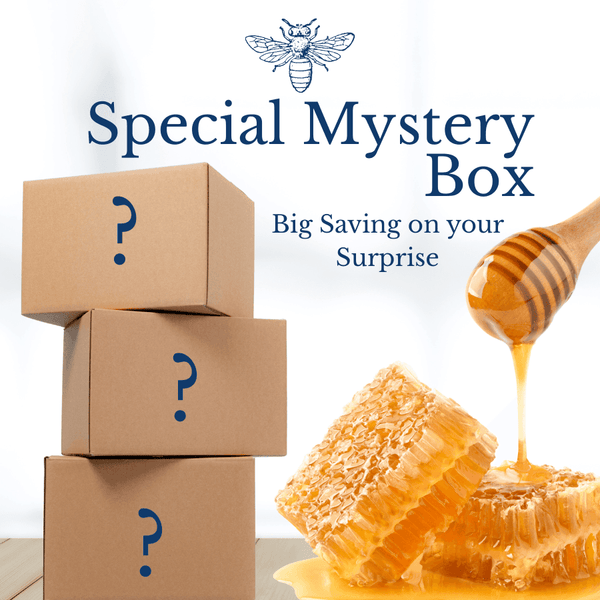 Mystery Gift Adventure - Unique Mystery Gift with stacked boxes marked with question marks, honey dipper, and honeycomb for a sweet surprise.