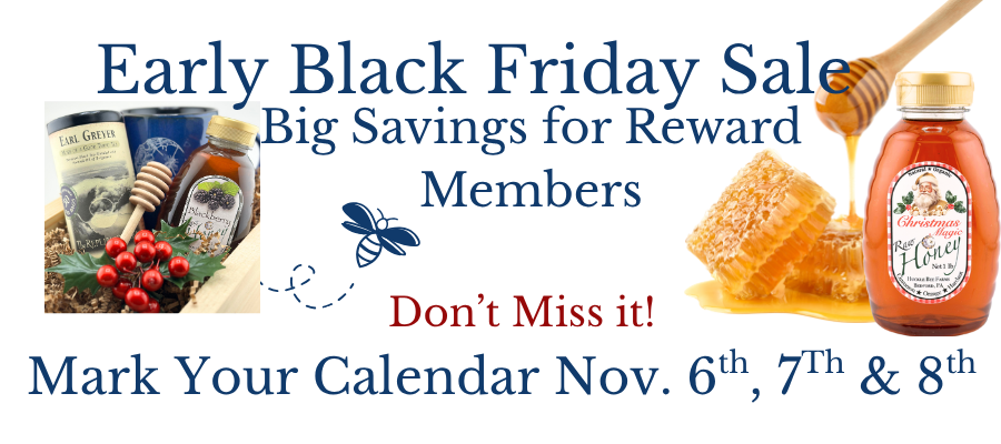 Promotional banner for Early Black Friday Sale with honey products and text.