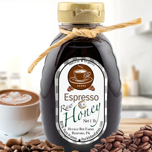 Espresso Honey bottle with rich dark roasted coffee beans, perfect for lattes, cappuccinos, and gourmet coffee drinks