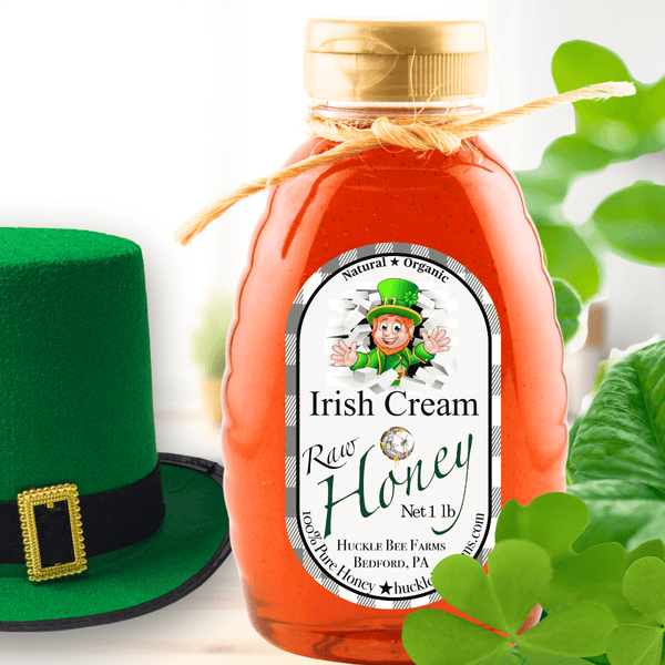 Irish Cream Honey bottle with a cup of creamy coffee, smooth and indulgent for desserts, hot drinks, and sweet treats.
