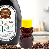 Beekeeper's honey bear with espresso and honey label on a kitchen counter