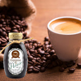 Bottle of Espresso Honey with a cup of coffee and coffee beans on a wooden surface