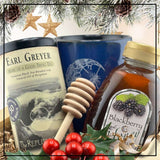 Thank You Gift Mug set with Earl Grey tea, blackberry honey, and honey dipper. A perfect thank you present with festive holiday decor.
