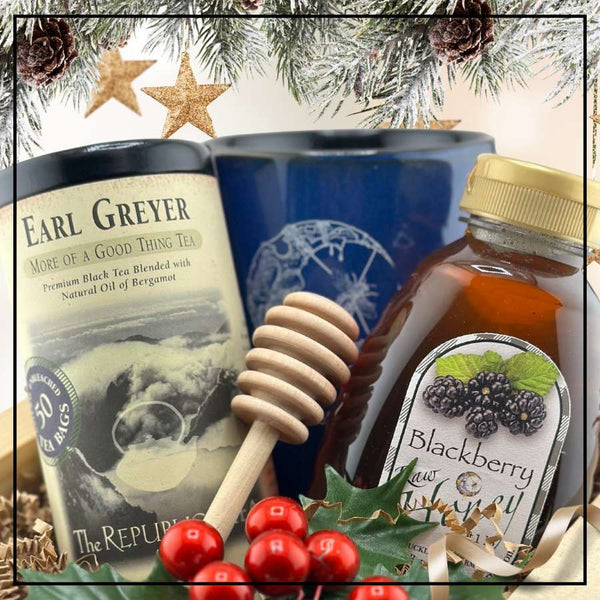 Thank You Gift Mug set with Earl Grey tea, blackberry honey, and honey dipper. A perfect thank you present with festive holiday decor.