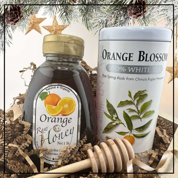 Tea Gift Box Set with Honey Mug featuring Orange Blossom white tea and raw orange honey, ideal for tea lovers and holiday gifting.