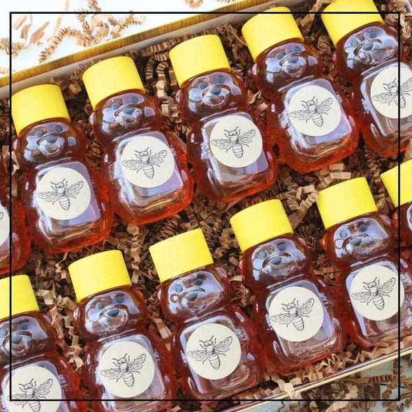 Honey Sampler Gift Box featuring multiple mini bear-shaped bottles filled with golden honey, ideal for gifting and tasting a variety of flavors.