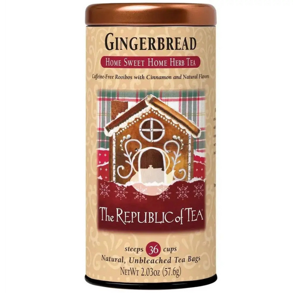 Tea canister labeled 'Gingerbread' from 'The Republic of Tea' with a gingerbread house design on a white background.