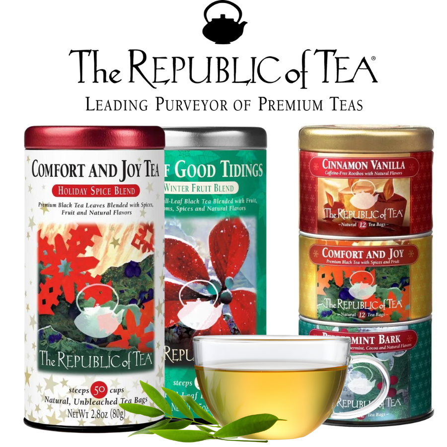 Tea canisters with colorful labels and a cup of tea on a white background, featuring 'The Republic of Tea' brand.