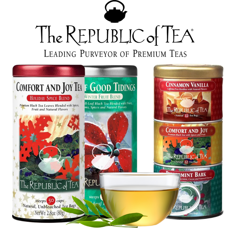 Tea canisters with colorful labels and a cup of tea on a white background, featuring 'The Republic of Tea' brand.