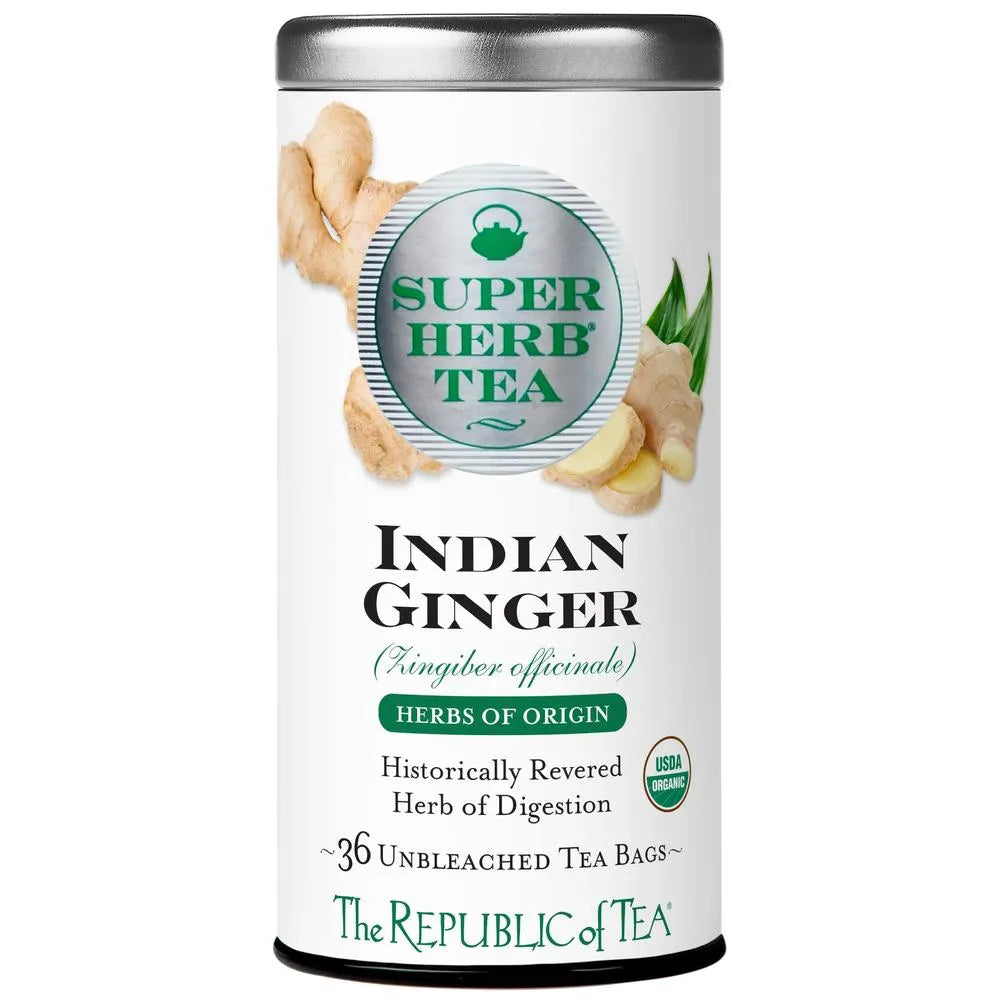 Organic Indian Ginger SuperHerb® tea bags in a tin with 36 unbleached tea bags. Premium herbal tea by The Republic of Tea, USDA organic certified.