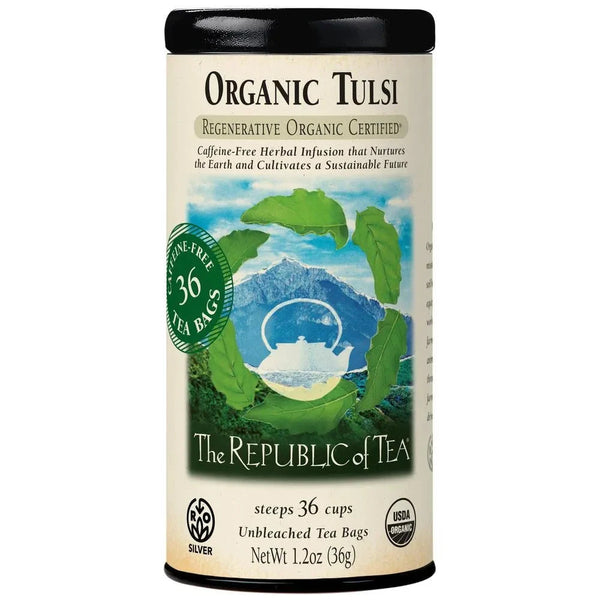 OTulsi Herbal Tea Bags - 36 Bags Certified in a cylindrical tin with green leaf design, labeled Regenerative Organic Certified® and caffeine-free.