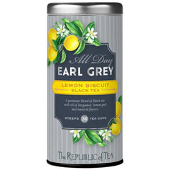 Earl Grey Lemon Biscuit Tea - 36 Tea Bags Delight in a silver tin with lemon and floral design, labeled as decaffeinated black tea with bergamot.