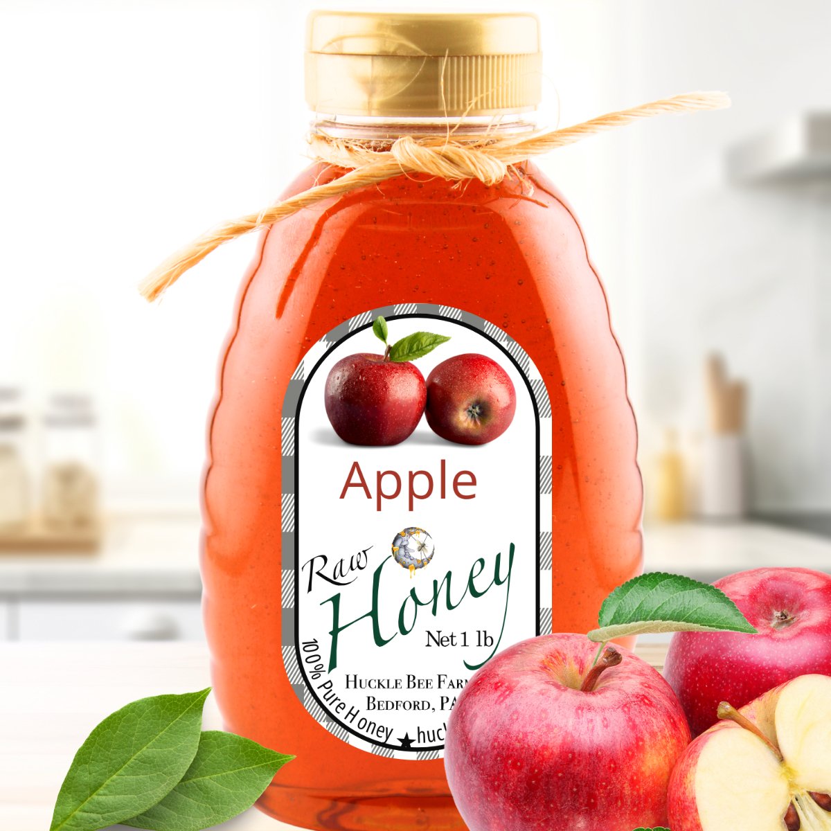 Rich amber apple honey with a crisp, fruity aroma, reflecting the taste of freshly picked autumn apples in liquid form.