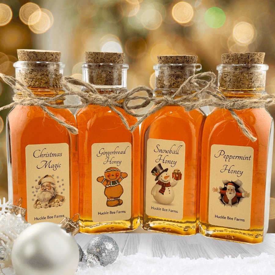 Four jars of holiday honey flavors: Christmas Magic, Gingerbread, Snowball, Peppermint