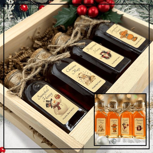 Holiday Honey Gift Box with four festive flavors in a wooden crate