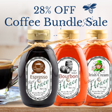 Coffee Lover’s Honey Bundle featuring Espresso, Bourbon, and Irish Cream Honey bottles, a gourmet honey gift set for coffee and cocktail lovers.
