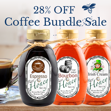 Coffee Lover’s Honey Bundle featuring Espresso, Bourbon, and Irish Cream honey jars with 28% off sale banner, ideal for gourmet gift giving.