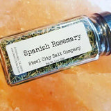 Whole Spanish Rosemary in clear spice jar by Steel City Salt Company. Aromatic herb from Spain ideal for enhancing savory dishes.