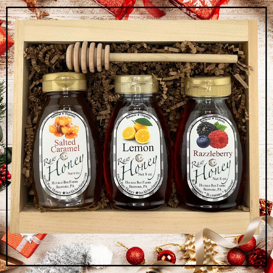 Gift box of Lemon, Salted Caramel, Razzleberry honey