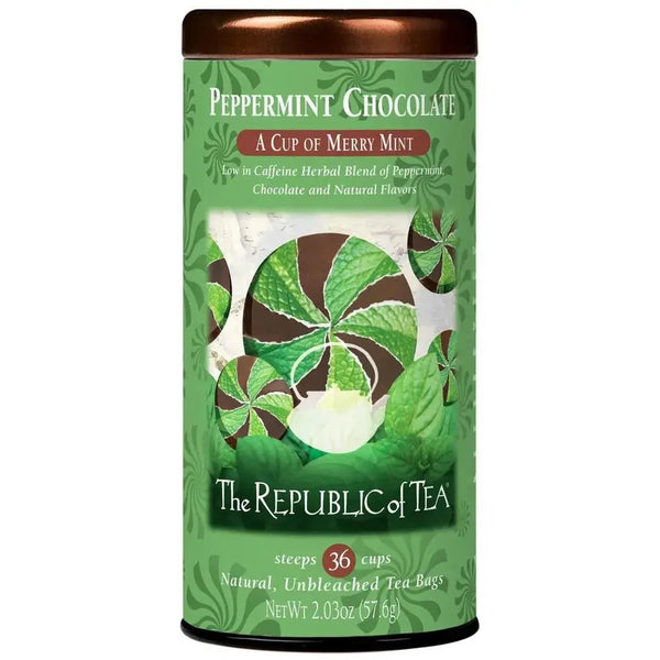 Peppermint Chocolate Tea Bags in a decorative tin from The Republic of Tea. A caffeine-free herbal blend with peppermint, chocolate, and natural flavors.