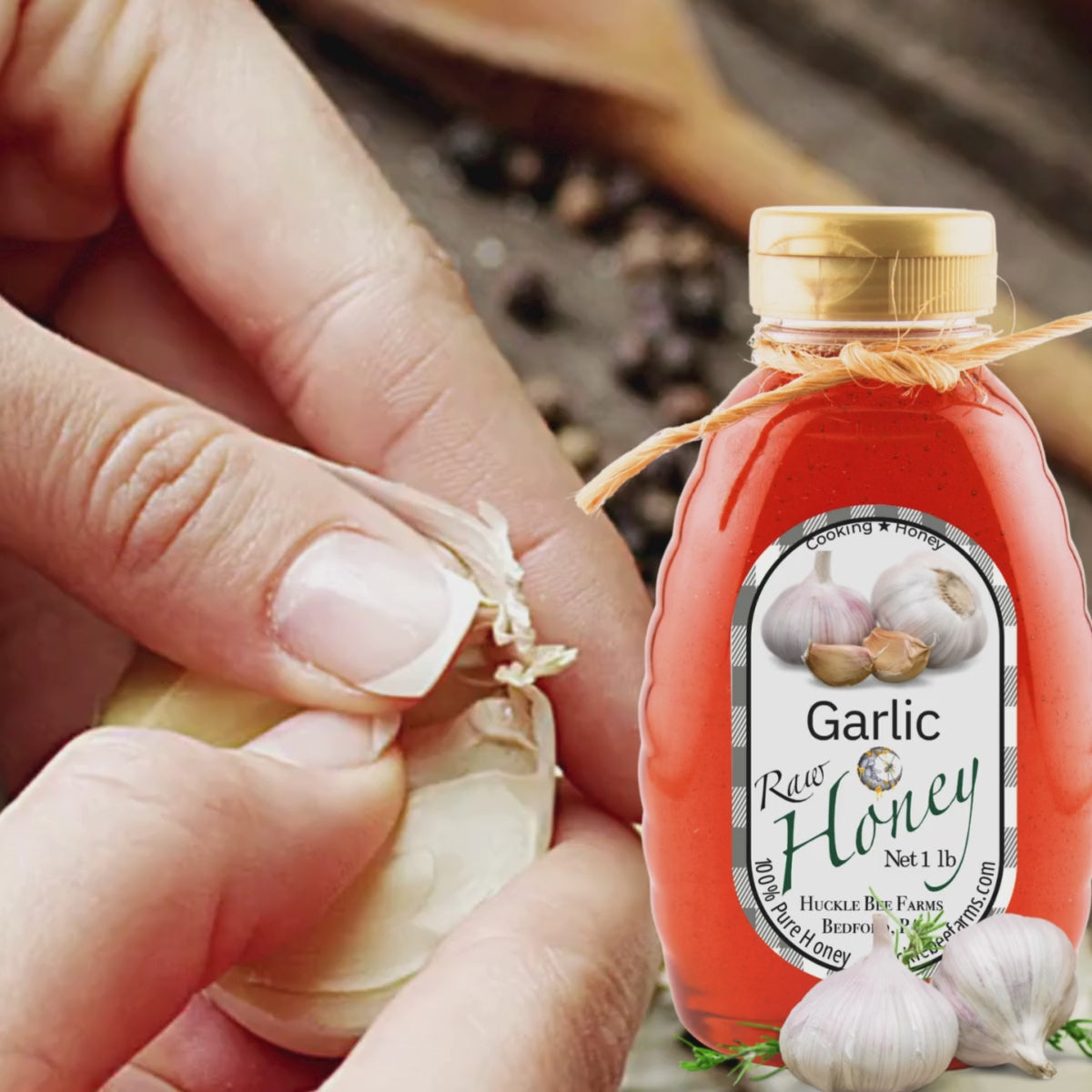 Garlic honey in a 1 lb bottle beside freshly peeled garlic cloves, ideal for cooking and adding a unique sweet-savory flavor to meals.