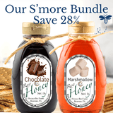 S'more Bundle – Chocolate Honey & Marshmallow Honey from Huckle Bee Farms LLC featuring two 1 lb jars of raw honey with graham crackers in background. Perfect for collectible gift sets or gourmet food enthusiasts.