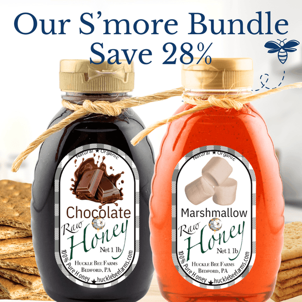 S'more Bundle – Chocolate Honey & Marshmallow Honey from Huckle Bee Farms LLC featuring two 1 lb jars of raw honey with graham crackers in background. Perfect for collectible gift sets or gourmet food enthusiasts.