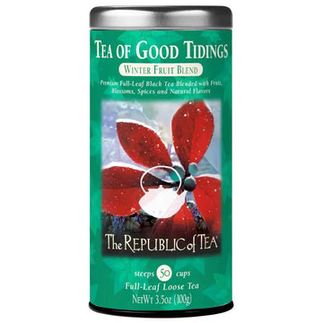 Tea of Good Tidings - Holiday Black Tea Blend in a festive tin, offering 50 cups of full-leaf loose tea with fruit, spices, and natural flavors.