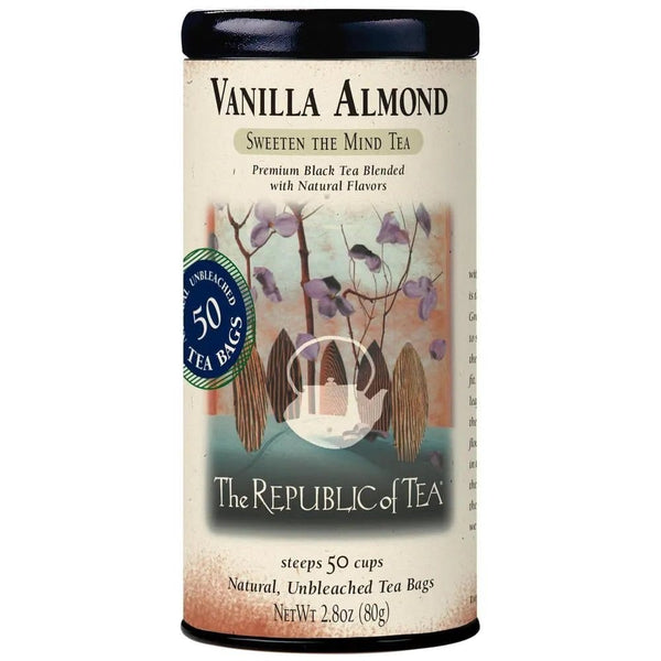 Vanilla Almond Black Tea Bags tin with 50 unbleached tea bags, offering a rich blend of premium black tea and natural flavors.