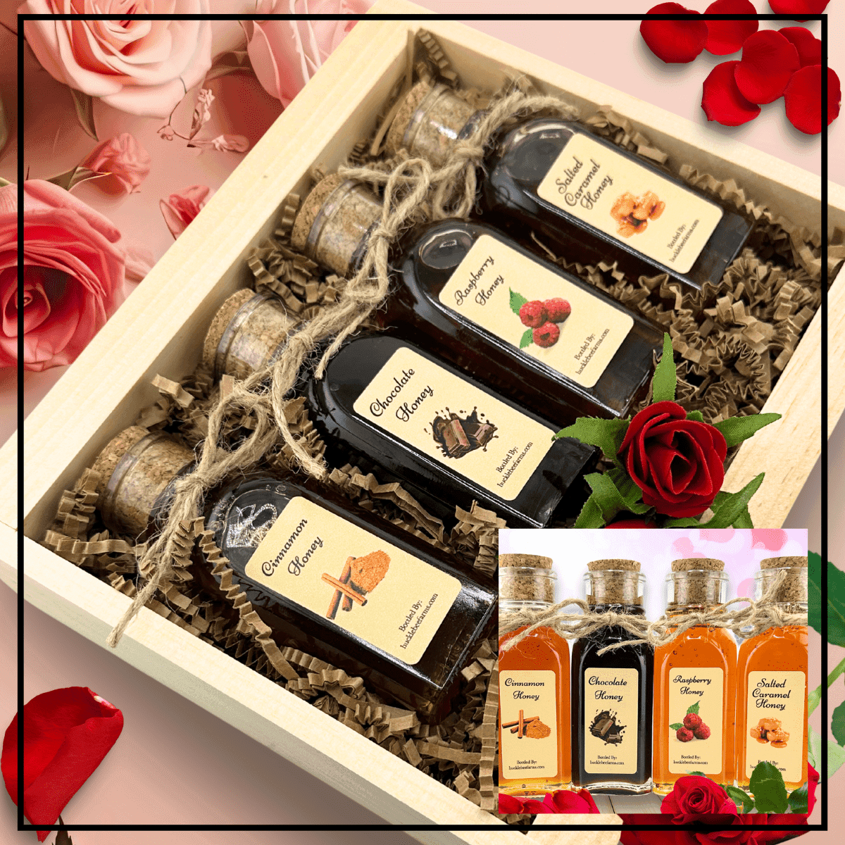 Valentine's Magic Gift Box featuring four heartfelt sweet honey flavors in a rustic wooden crate. A perfect romantic gift for honey lovers.
