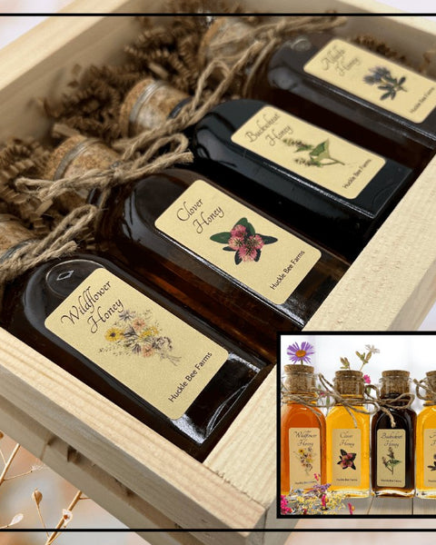 Gift box with four bottles of Wildflower Magic honey