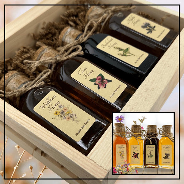 Gift box with four bottles of Wildflower Magic honey