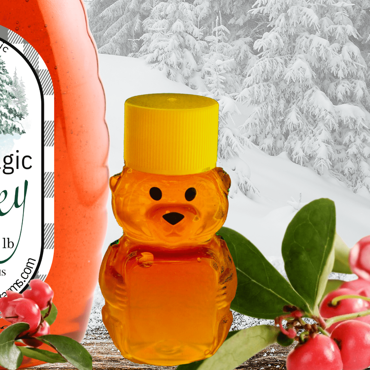 Winter Magic Honey by Huckle Bee Farms LLC in a bear-shaped bottle with a snowy forest background and red berries.